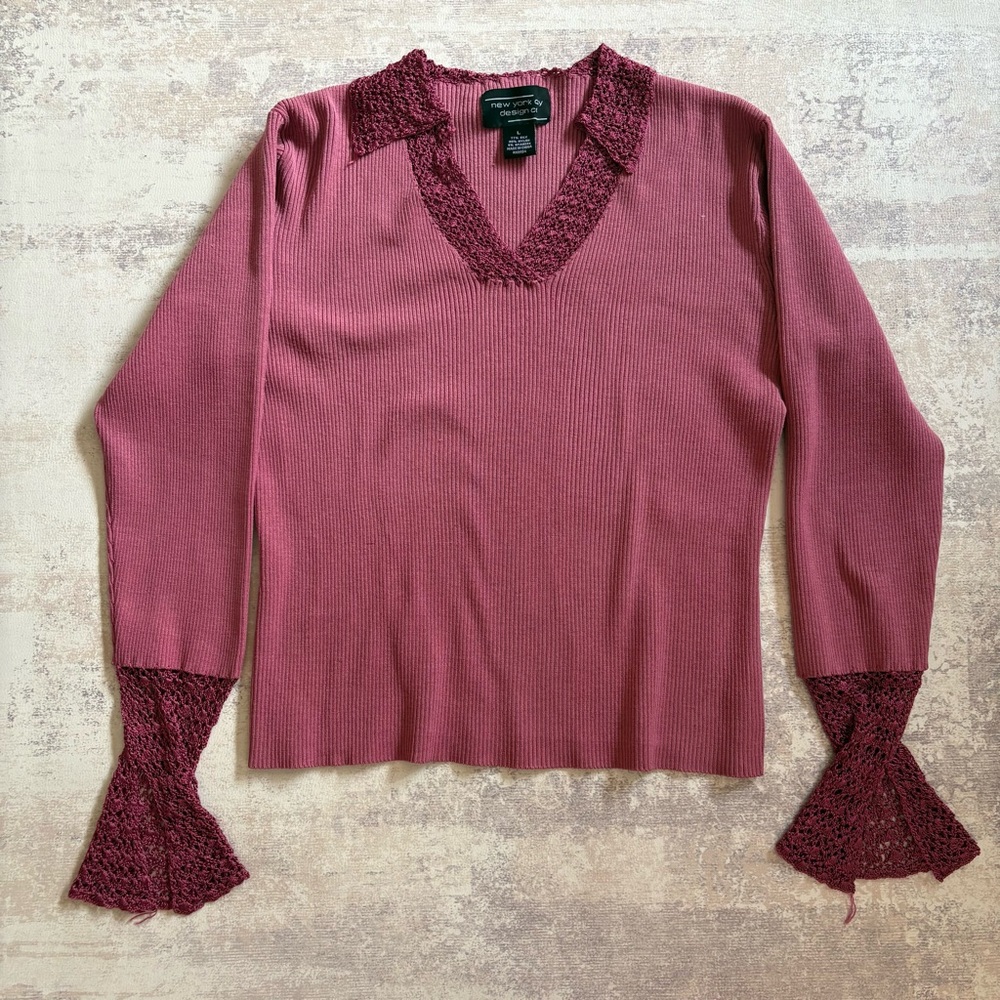 Mauve crochet trim silk ribbed knit blouse size large
